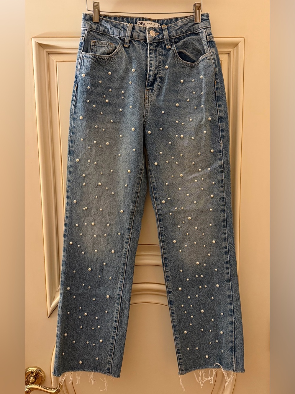 Zara Blue High Waisted Straight-Leg Jeans with Pearl Studs